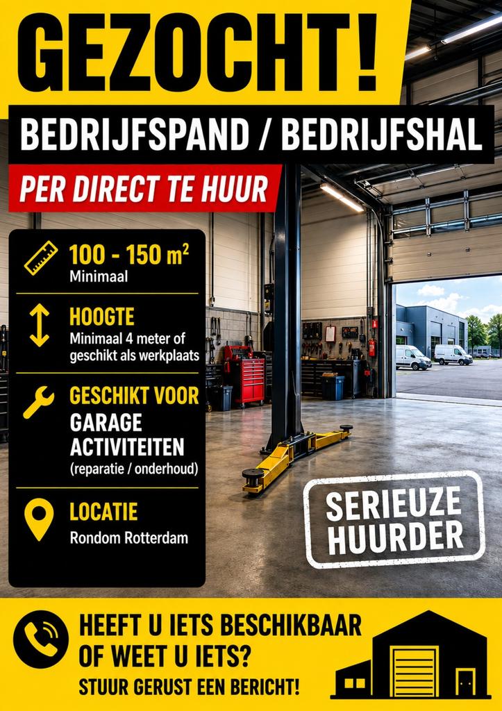 Bedrijfsruimte gezocht voor reparatie / onderhoud auto's!, HBO, Vanaf 10 jaar, Overige vormen