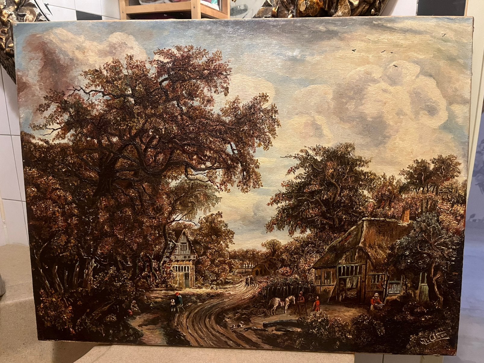 Antiek groot olieverf dorpsgezicht schilderij, Antiek en Kunst, Kunst | Schilderijen | Abstract, Ophalen