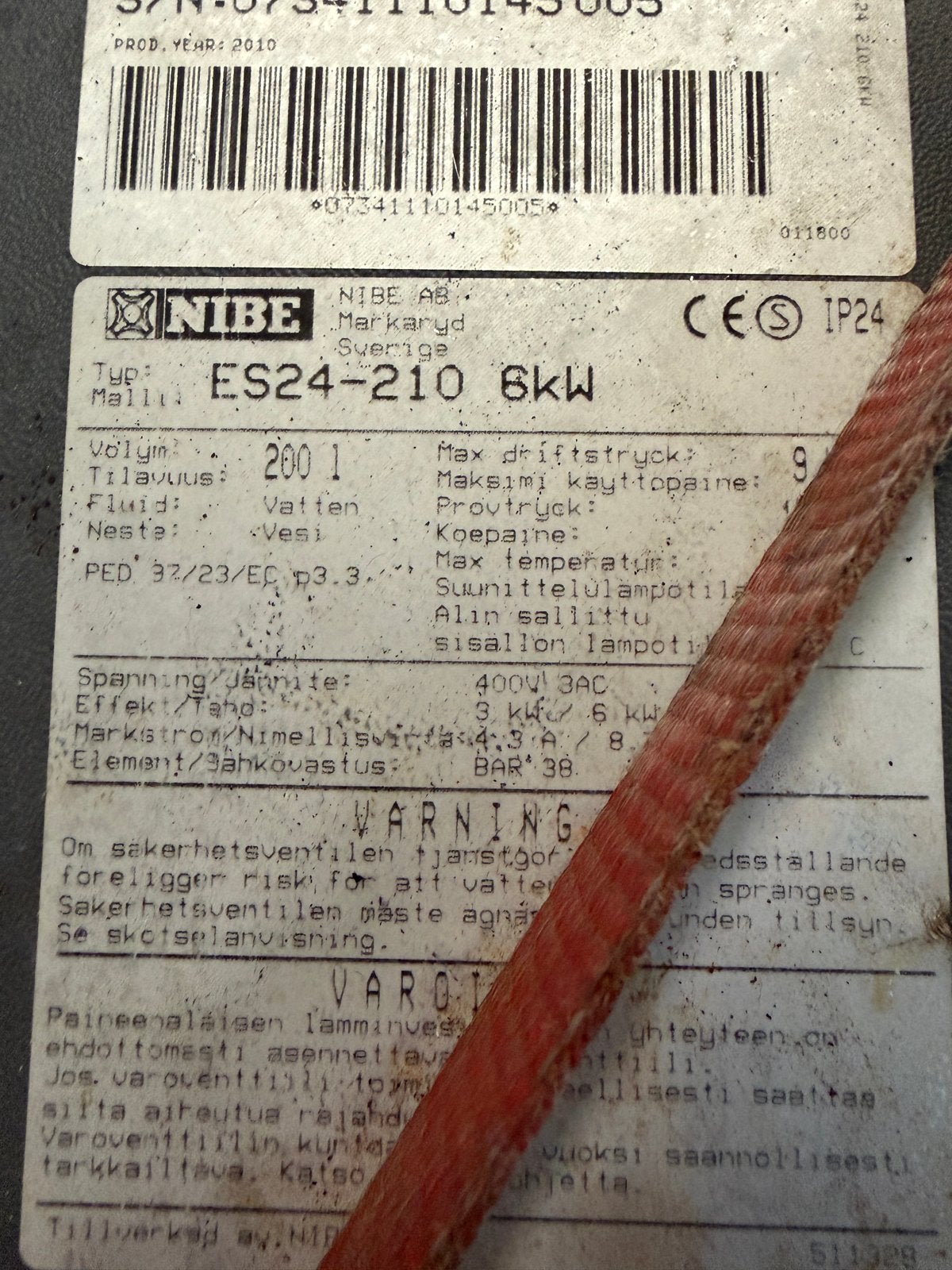 NIBE ES24-210 6kW Boiler - 200 liter inhoud, Doe-het-zelf en Verbouw, Ophalen, Gebruikt, 100 liter of meer, Boiler