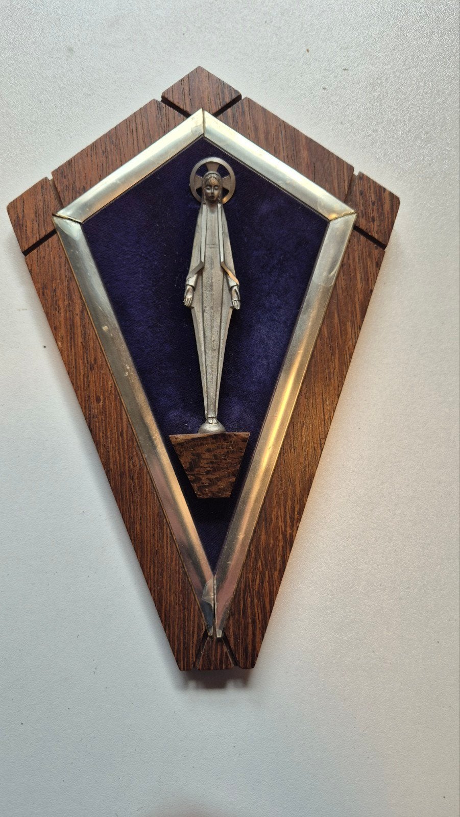 Vintage Maria beeldje op houten en metalen wanddecoratie, Antiek en Kunst, Ophalen of Verzenden