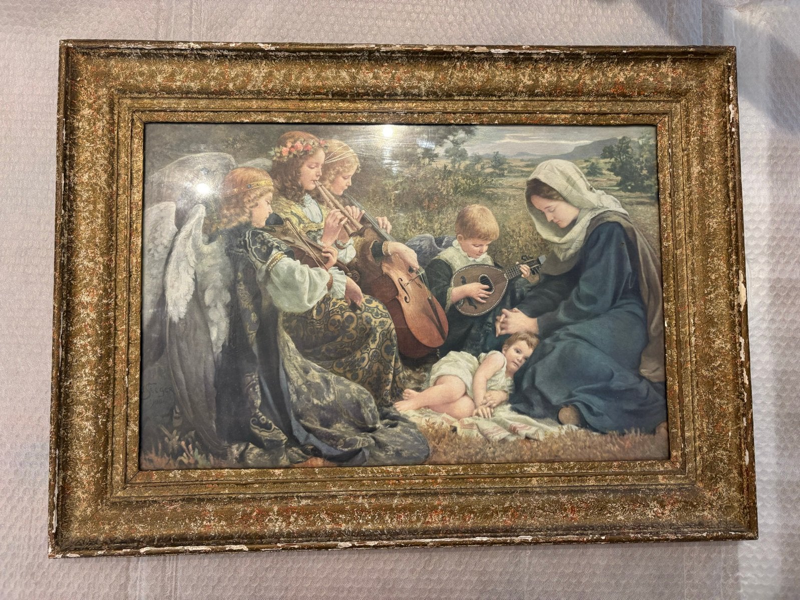 Klassiek schilderij: Engelen en maria en kind, Antiek en Kunst, Doek, Portret of Personen, Overige technieken, Ophalen of Verzenden