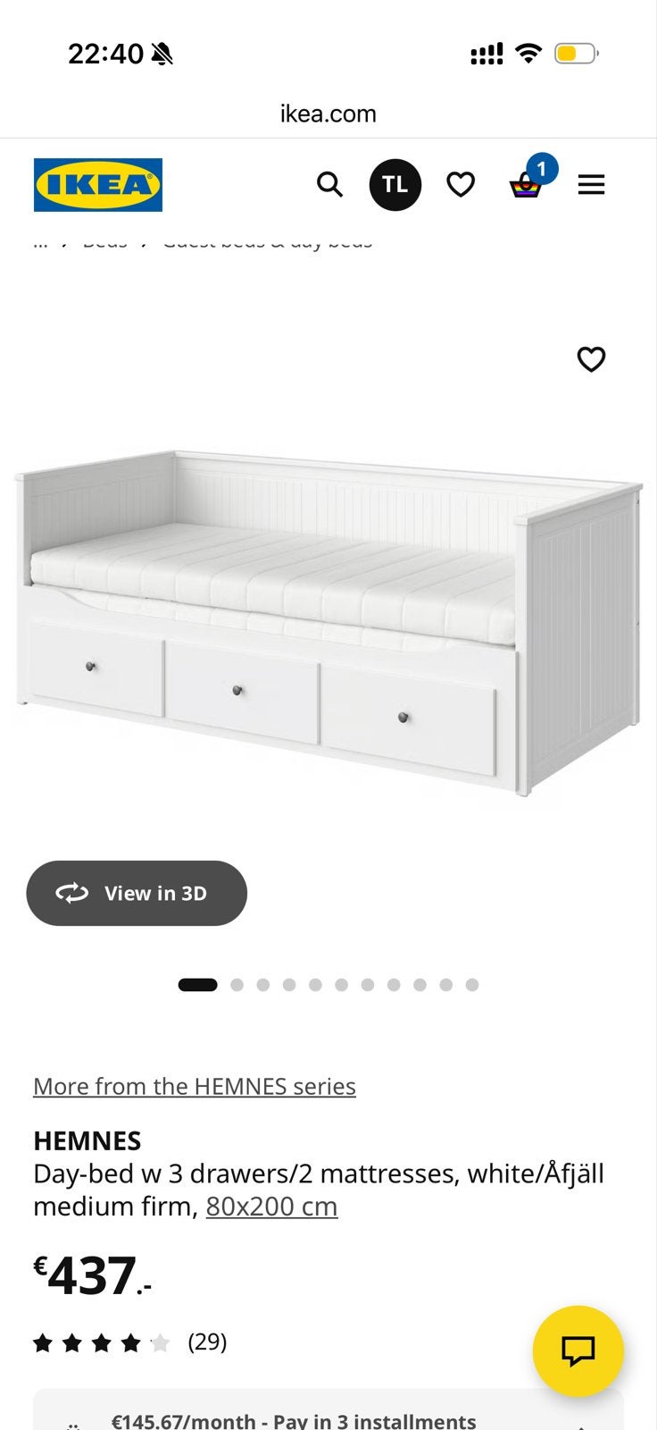 IKEA HEMNES Dagbed met 3 lades, zo goed als nieuw, Ophalen, Eenpersoons, Wit, Zo goed als nieuw
