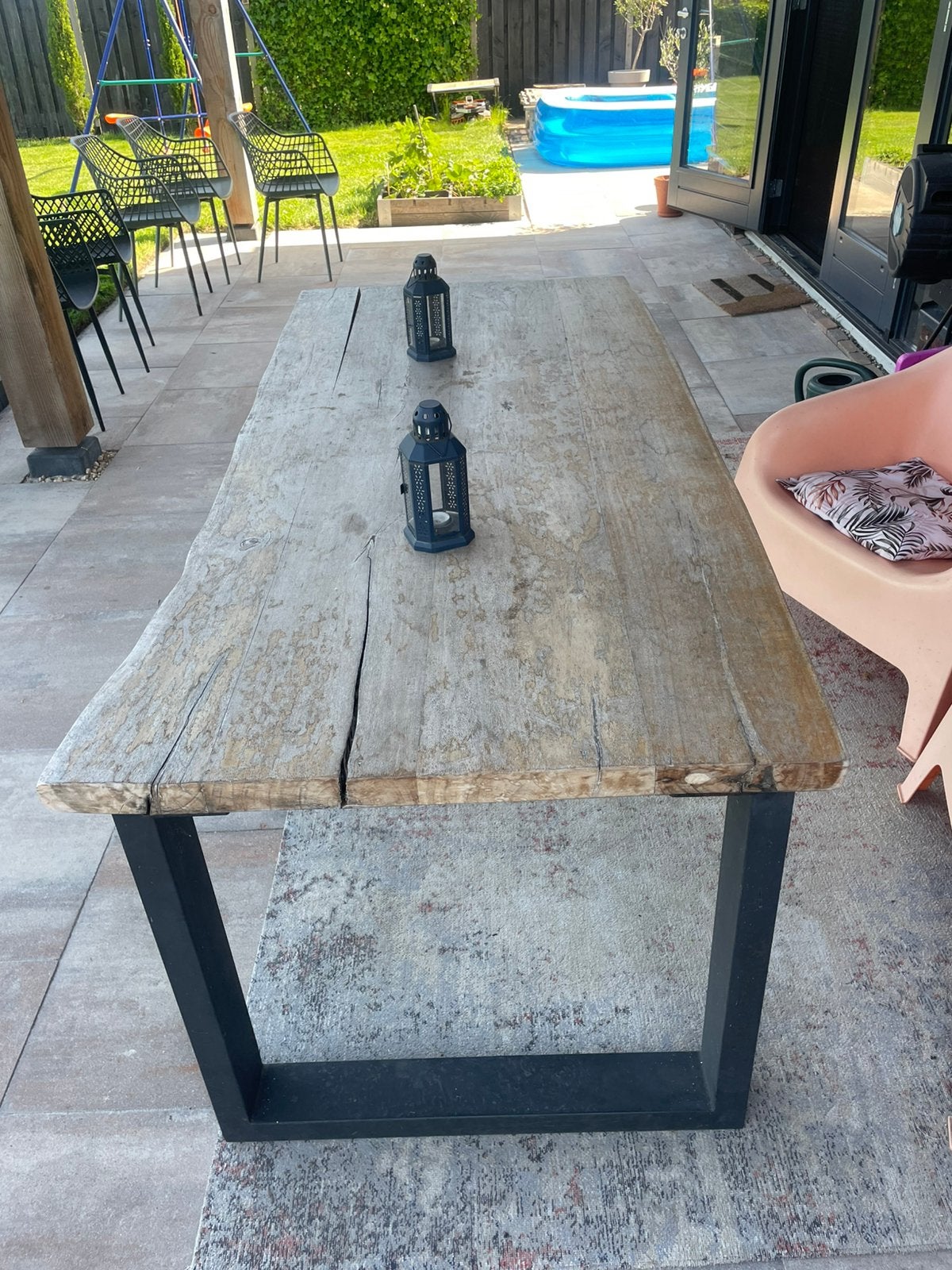 Boomstam tafel, tuintafel, Ophalen, Gebruikt, Rechthoekig, Hout