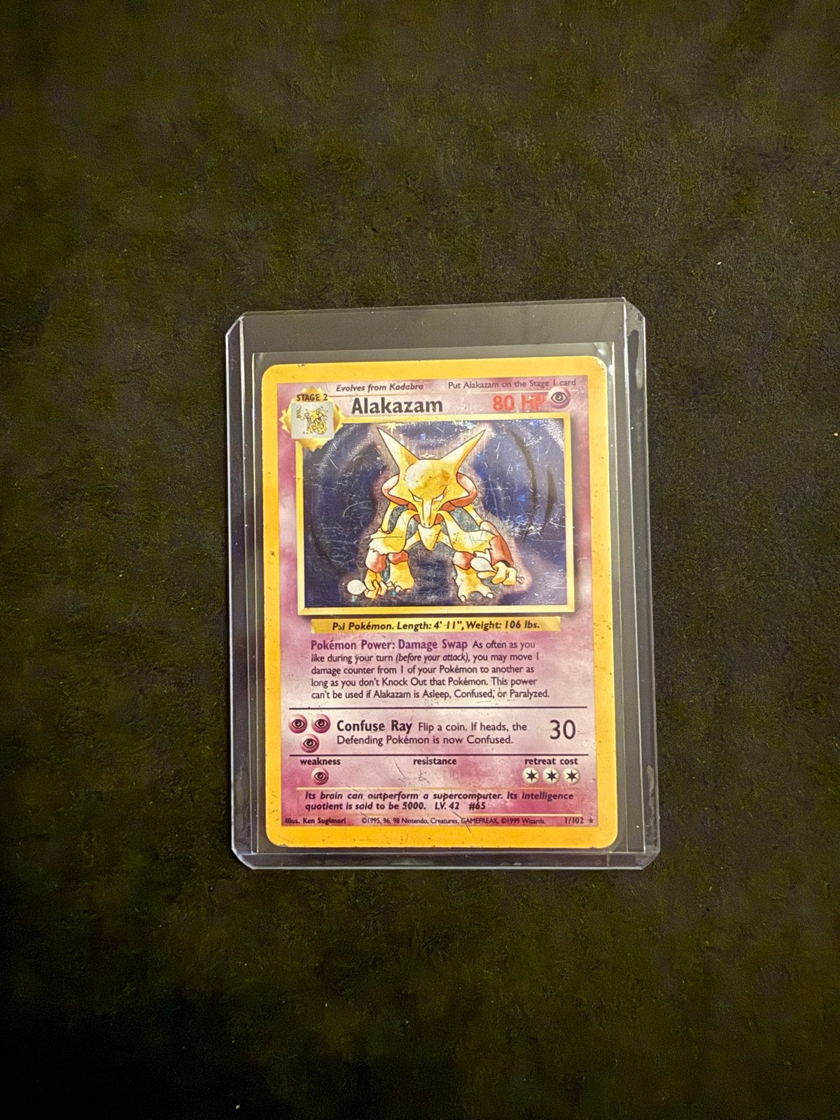Alakazam 1/102 Holo Rare Base Set Pokémon Kaart, Ophalen of Verzenden, Gebruikt, Losse kaart, Foil