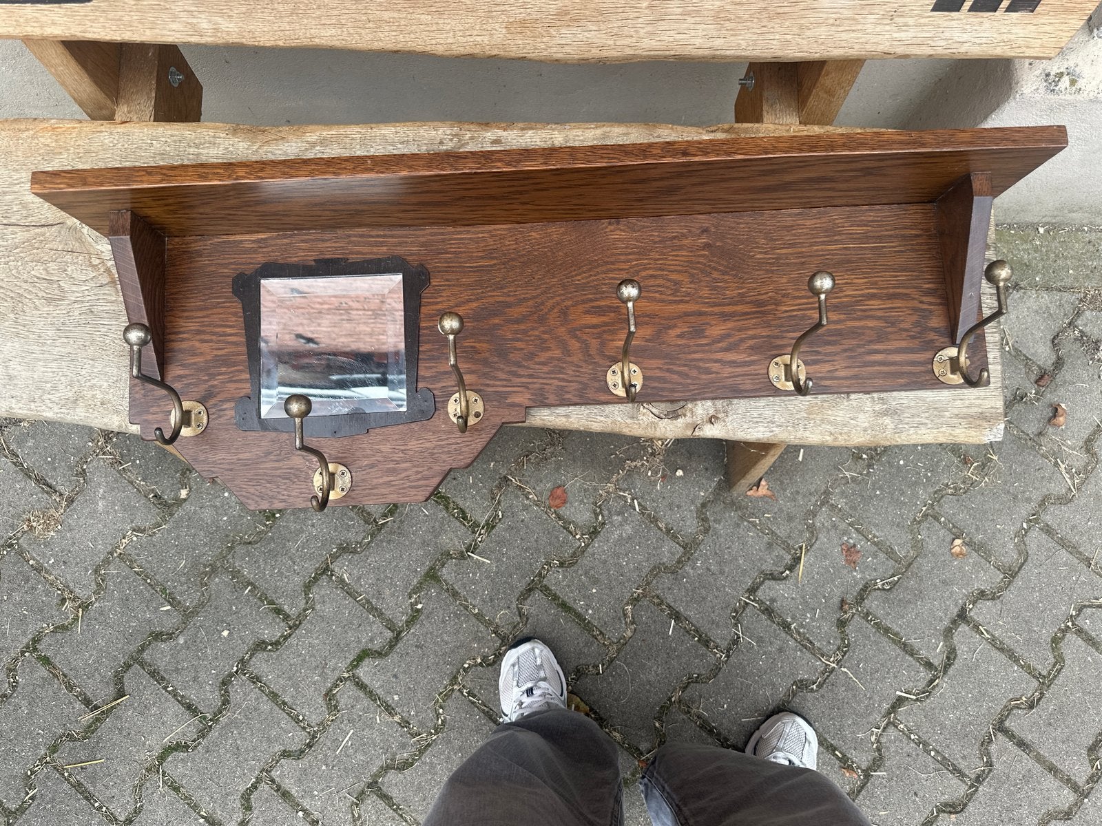 Antieke houten kapstok met spiegel en messing haken, Antiek en Kunst, Ophalen of Verzenden