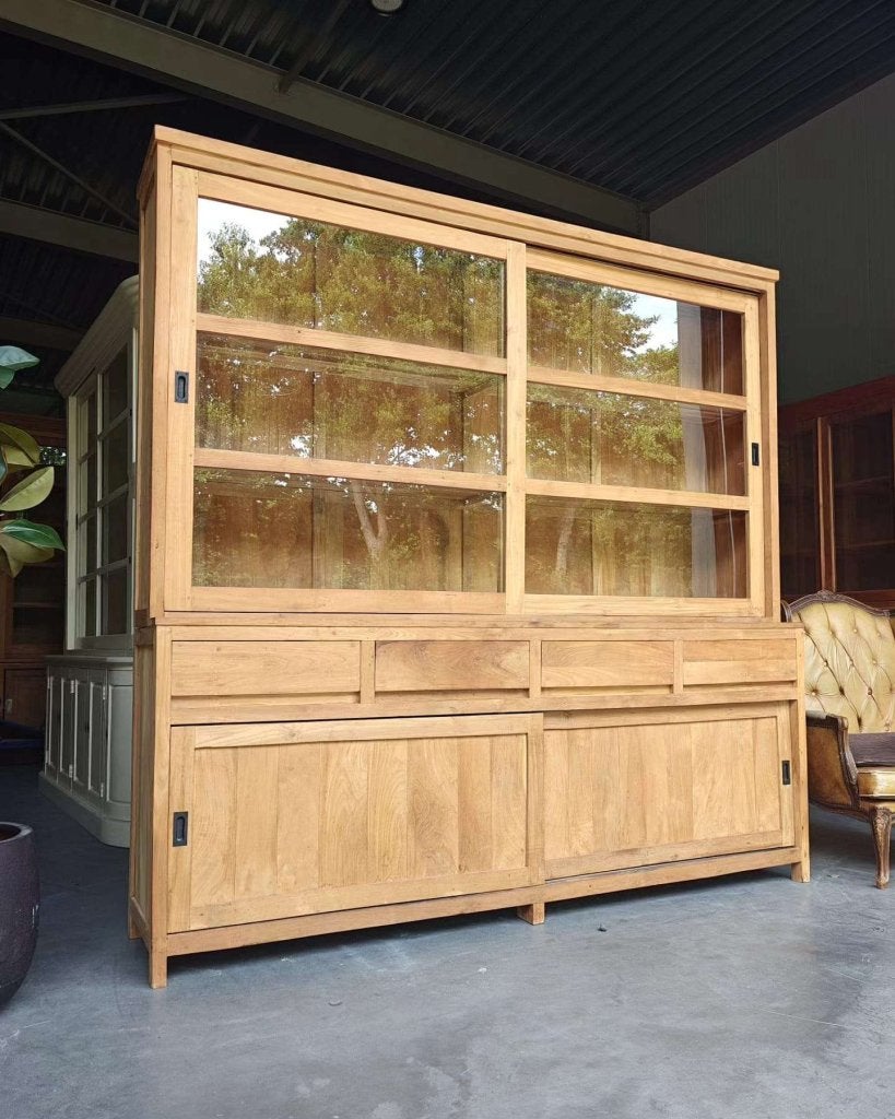 Grote greeploze buffetkast | Teakhouten schoolkast #3819, Glas, Gebruikt, Met deur(en), -