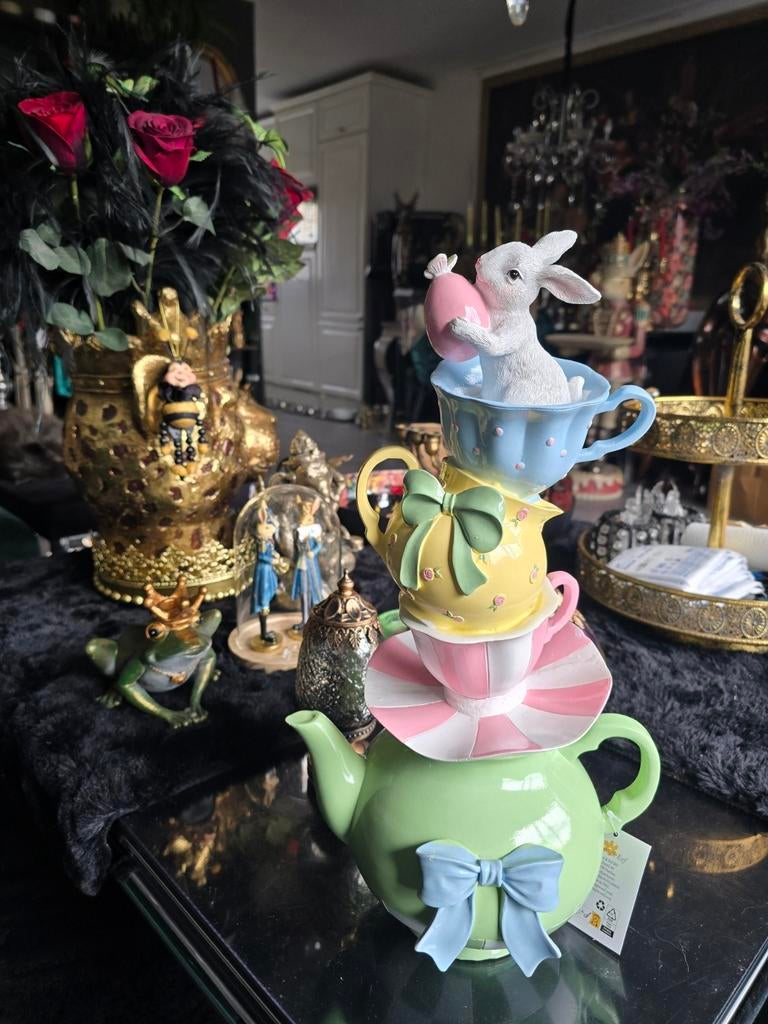 Paasdecoratie theepot met kopjes en paashaas - 45 cm, Huis en Inrichting, Ophalen of Verzenden, Nieuw