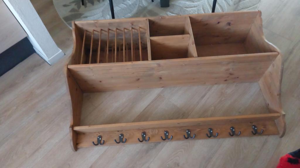 Houten bordenrek met opbergvakken en haken, Ophalen, Gebruikt, Minder dan 150 cm, Minder dan 100 cm