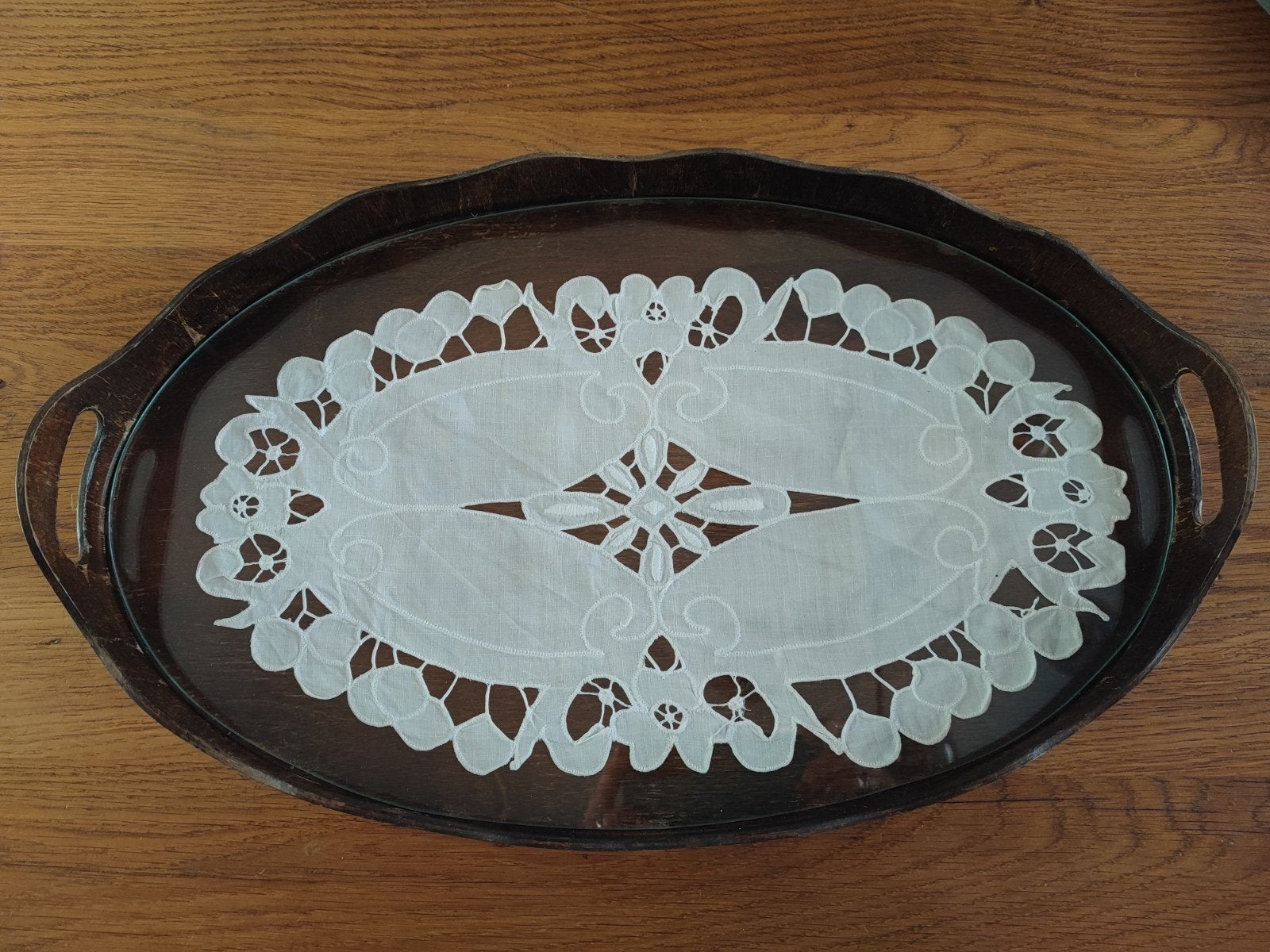 Vintage houten dienblad met glazen plaat, Ophalen of Verzenden