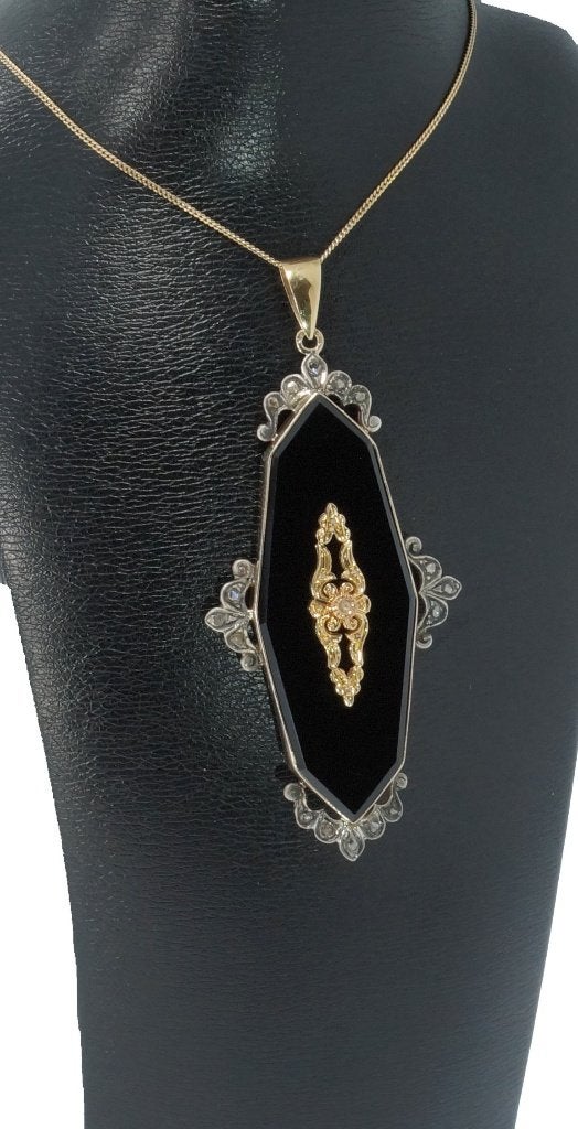 Diamant onyx zeer grote 14k hanger ketting goud antiek retro, Ophalen of Verzenden, Goud, Hanger, Met edelsteen