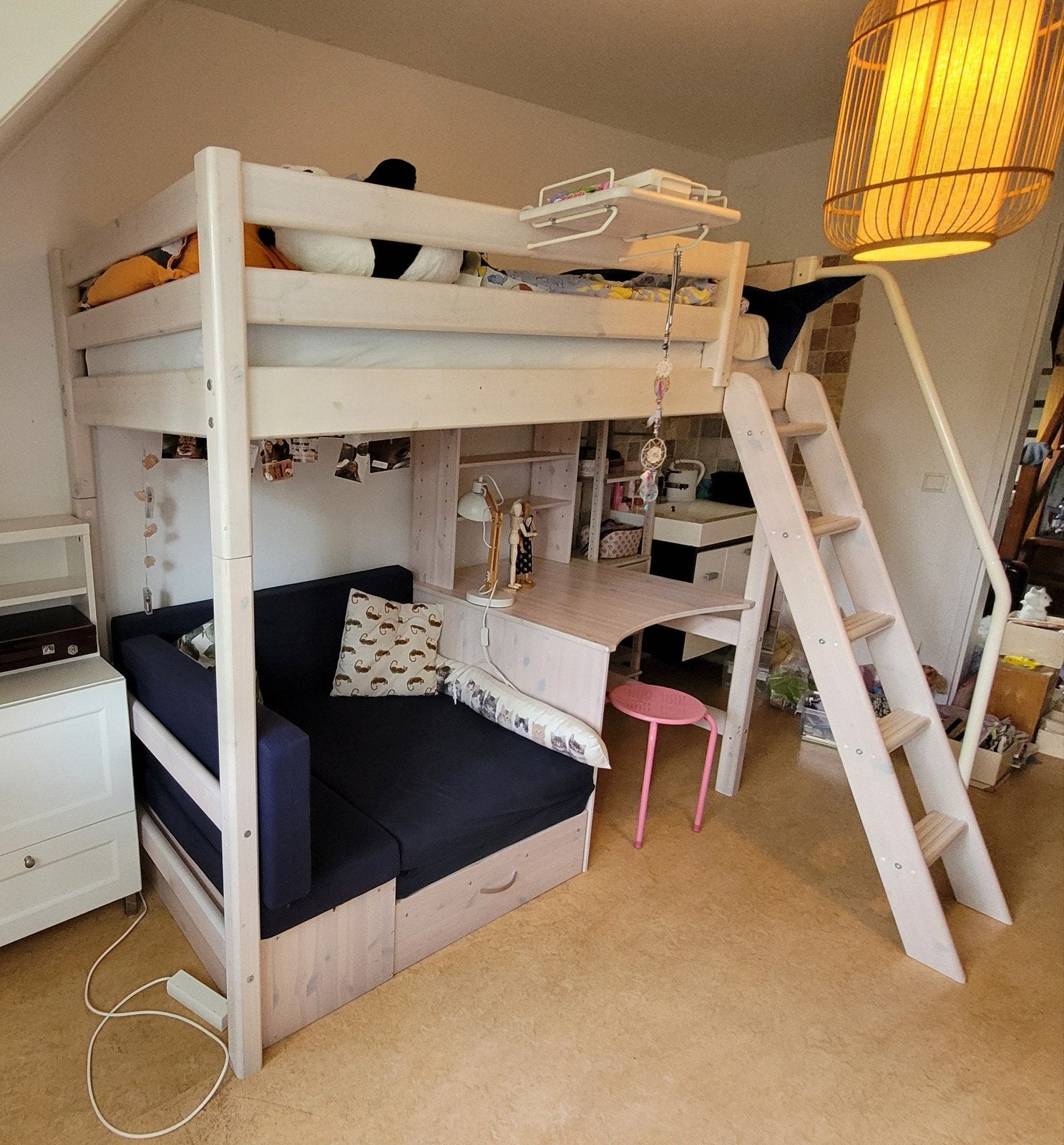 Flexa hoogslaper white wash met slaapbankje, Ophalen, Zo goed als nieuw, Eenpersoons, 90 cm
