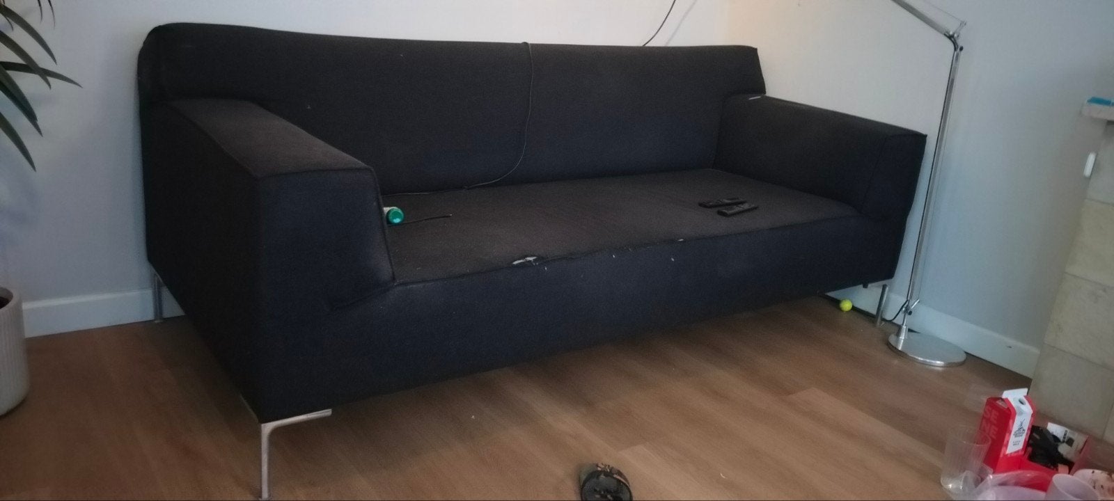 Design bank 2.5-zits (213 cm) met poef - Zwarte stof, Gebruikt, Overige maten, 75 tot 100 cm, Ophalen of Verzenden