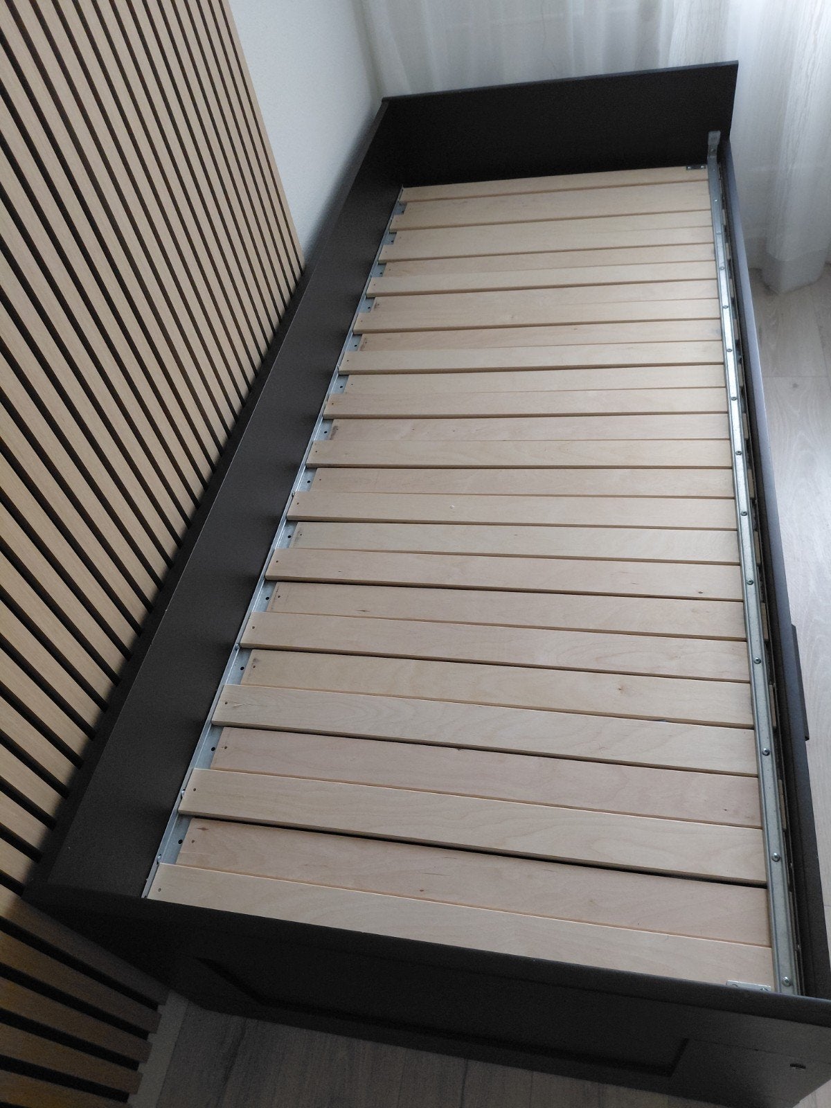 IKEA Brimnes bedbank met 2 lades - Zwart, Ophalen, 85 tot 100 cm, Gebruikt, Lattenbodem