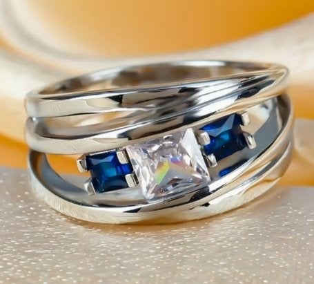 Brede 925 sterling zilveren ring met wit en blauw zirkonen, 18 tot 19, Verzenden, Nieuw, Met edelsteen