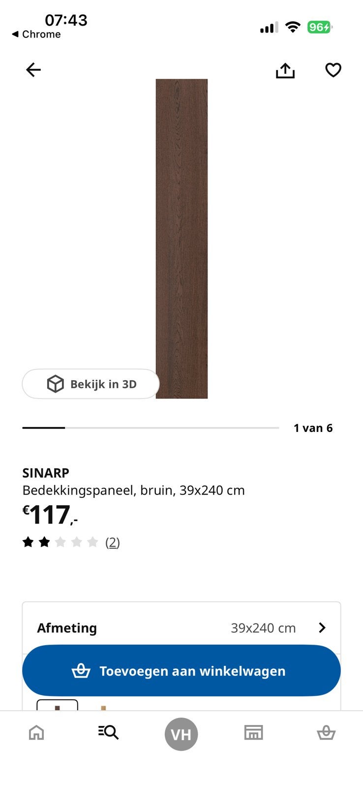 IKEA Sinarp bedekkingspaneel 39x240 cm, Ophalen, Minder dan 50 cm, Bruin, 200 cm of meer