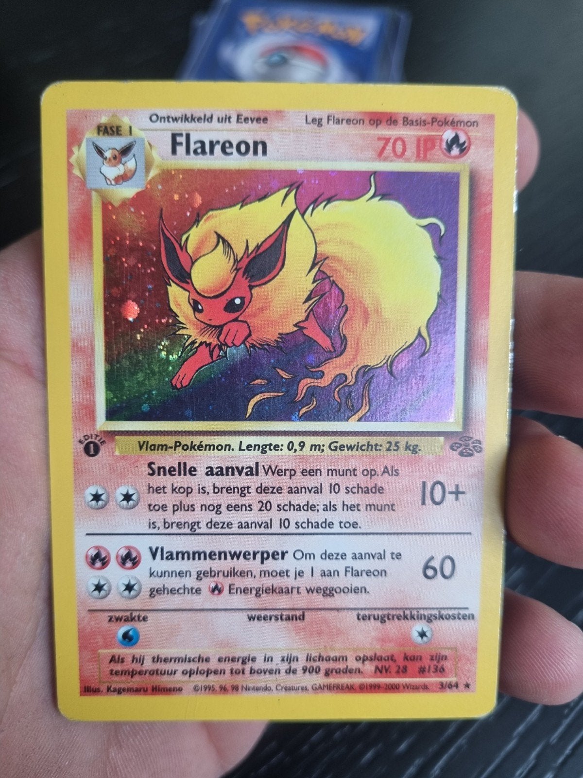 Flareon 3/64 jungle NL 1e editie, holo rare * € 55, Ophalen of Verzenden, Zo goed als nieuw, Losse kaart, Foil