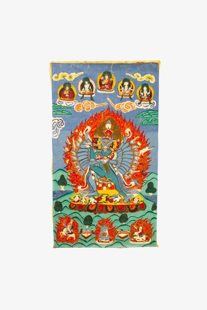 Antiek Tibet Boeddhistisch thangka doek Vajrabhairava 1800, Meerkleurig, Tibet, Ophalen, Schilderij