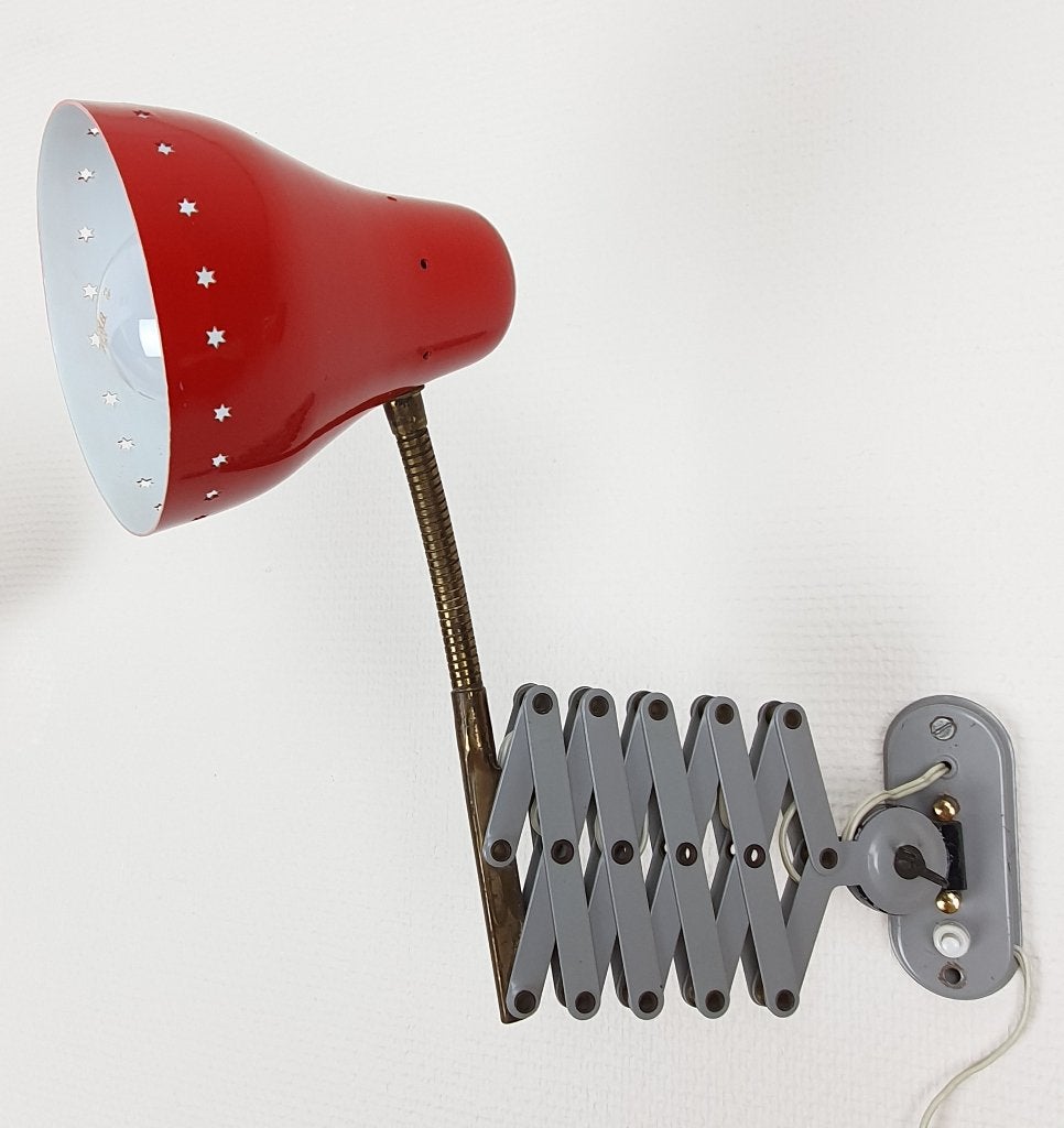 Vintage schaarlamp scissorlamp wandlamp wall lamp Hala, Ophalen of Verzenden, Gebruikt, Metaal, Rood