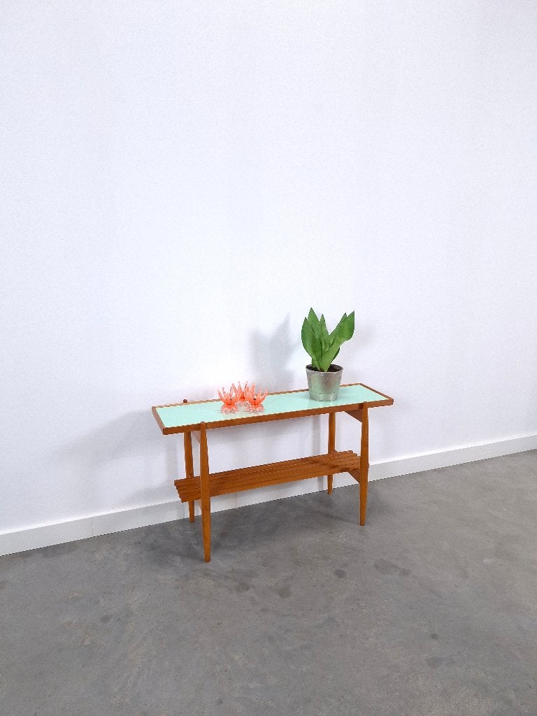 Vintage houten side table, mintgroen formica, vintage tafel, Gebruikt, 100 tot 150 cm, Ophalen of Verzenden, Overige houtsoorten