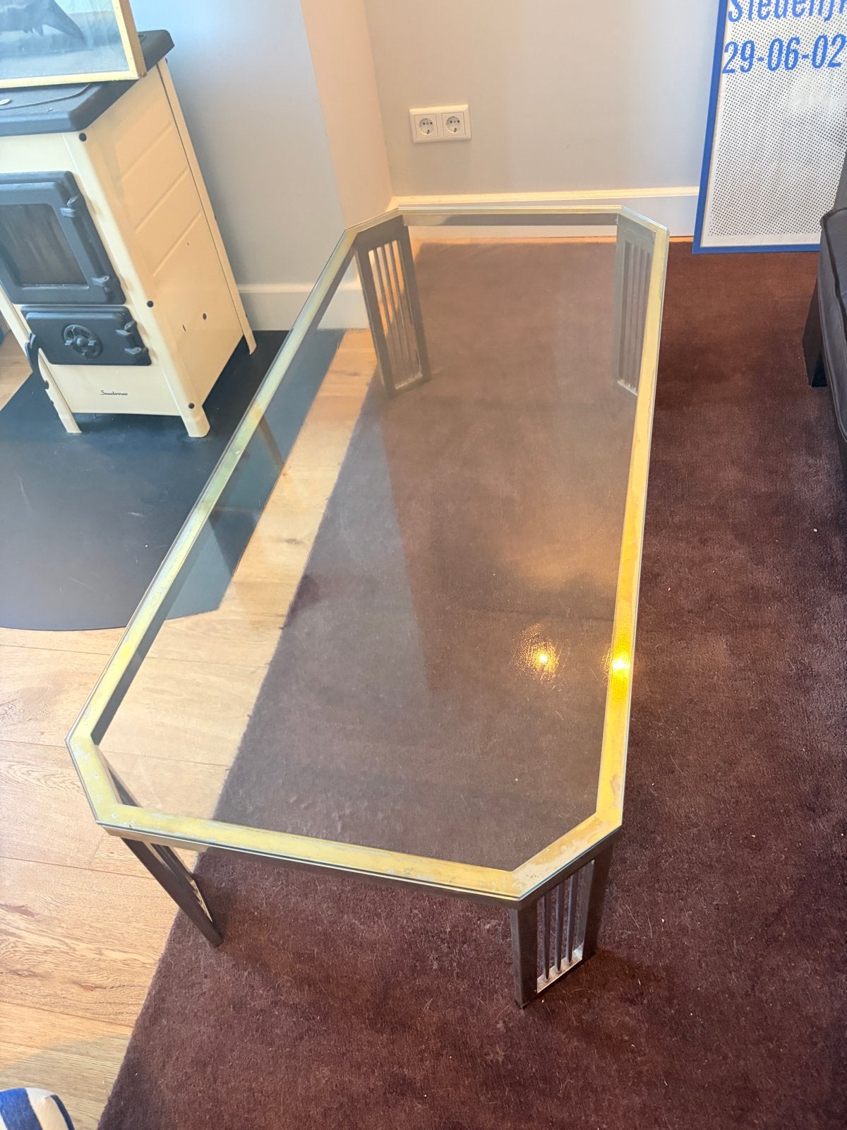 Vintage Glazen Salontafel Jaren '80 met Patina Metaal, Huis en Inrichting, Ophalen of Verzenden, Gebruikt, Rechthoekig, Glas