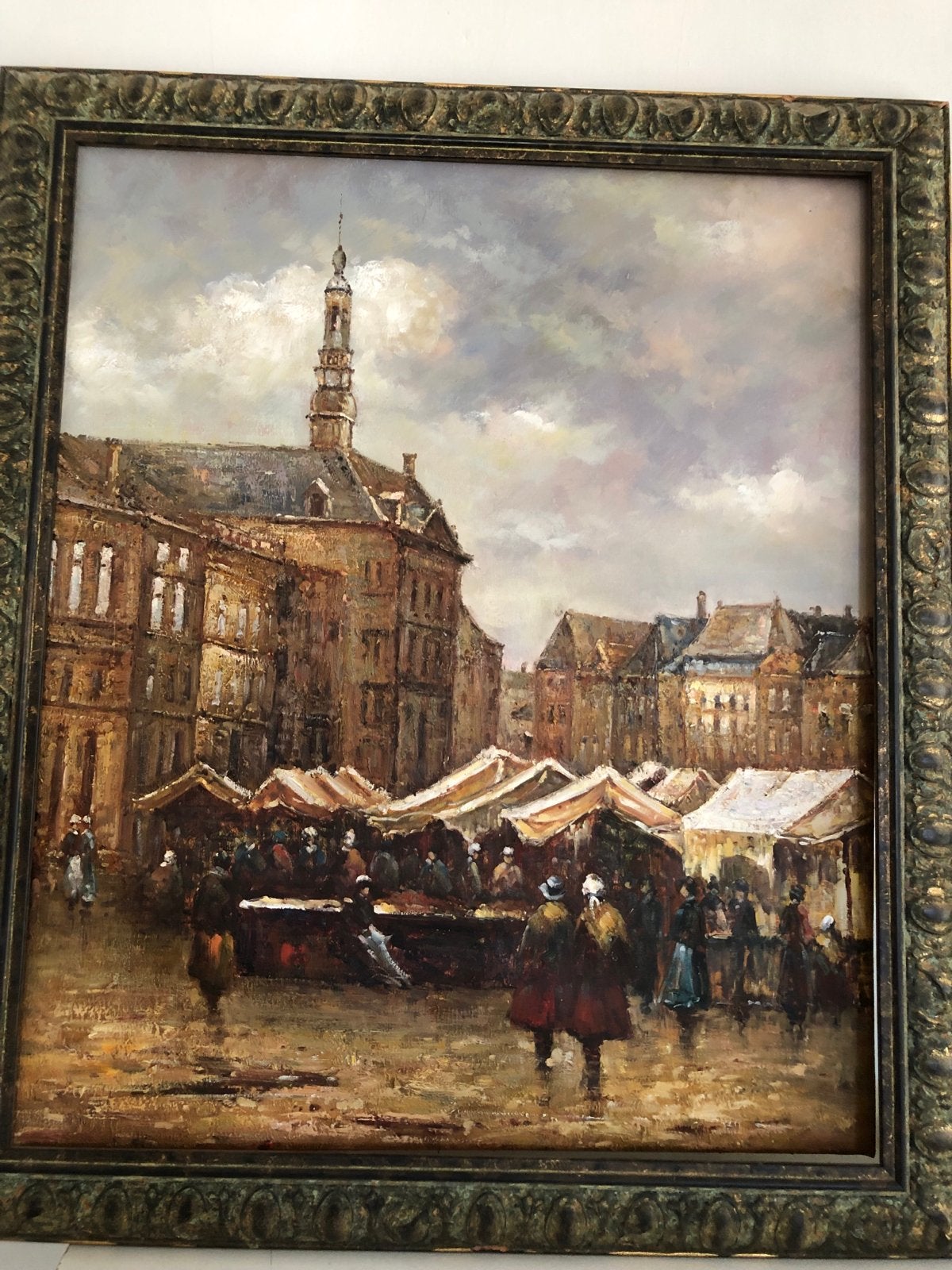 Schilderij Markt met Stadhuis van 's-Hertogenbosch, Doek, Realistisch, Ophalen of Verzenden, Olieverf