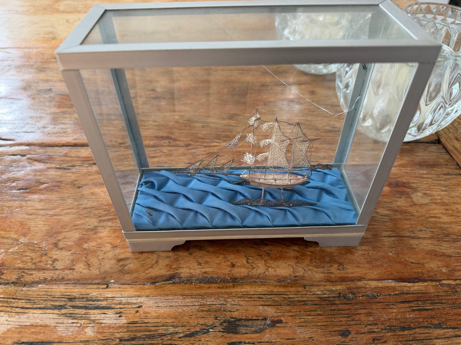 Antiek Zilveren Scheepje in Vitrine, Antiek en Kunst, Ophalen of Verzenden, Zilver