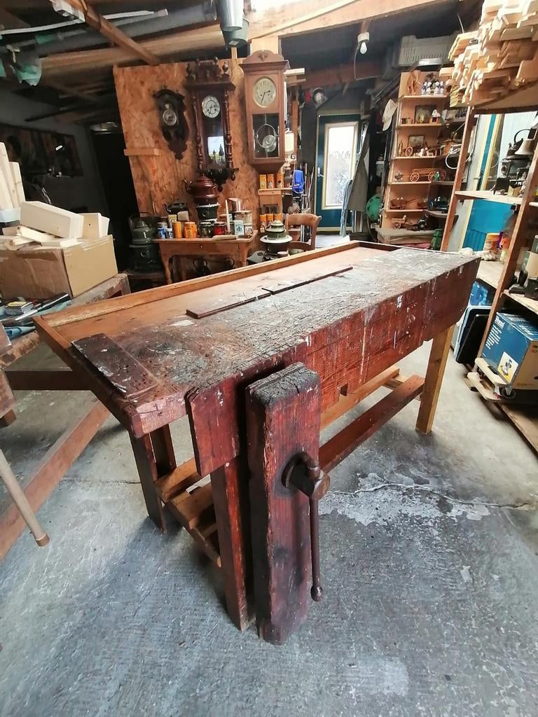 Oude timmermans werkbank met bankschroef, Doe-het-zelf en Verbouw, Werkbanken, Ophalen, Gebruikt, 170 cm of meer, Bankschroef