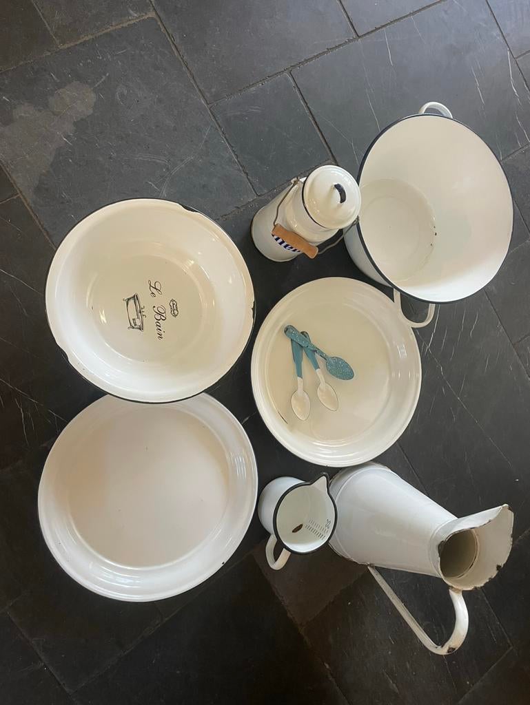 Set emaille spulletjes Kan is echt oud, Antiek en Kunst, Antiek | Emaille, Ophalen