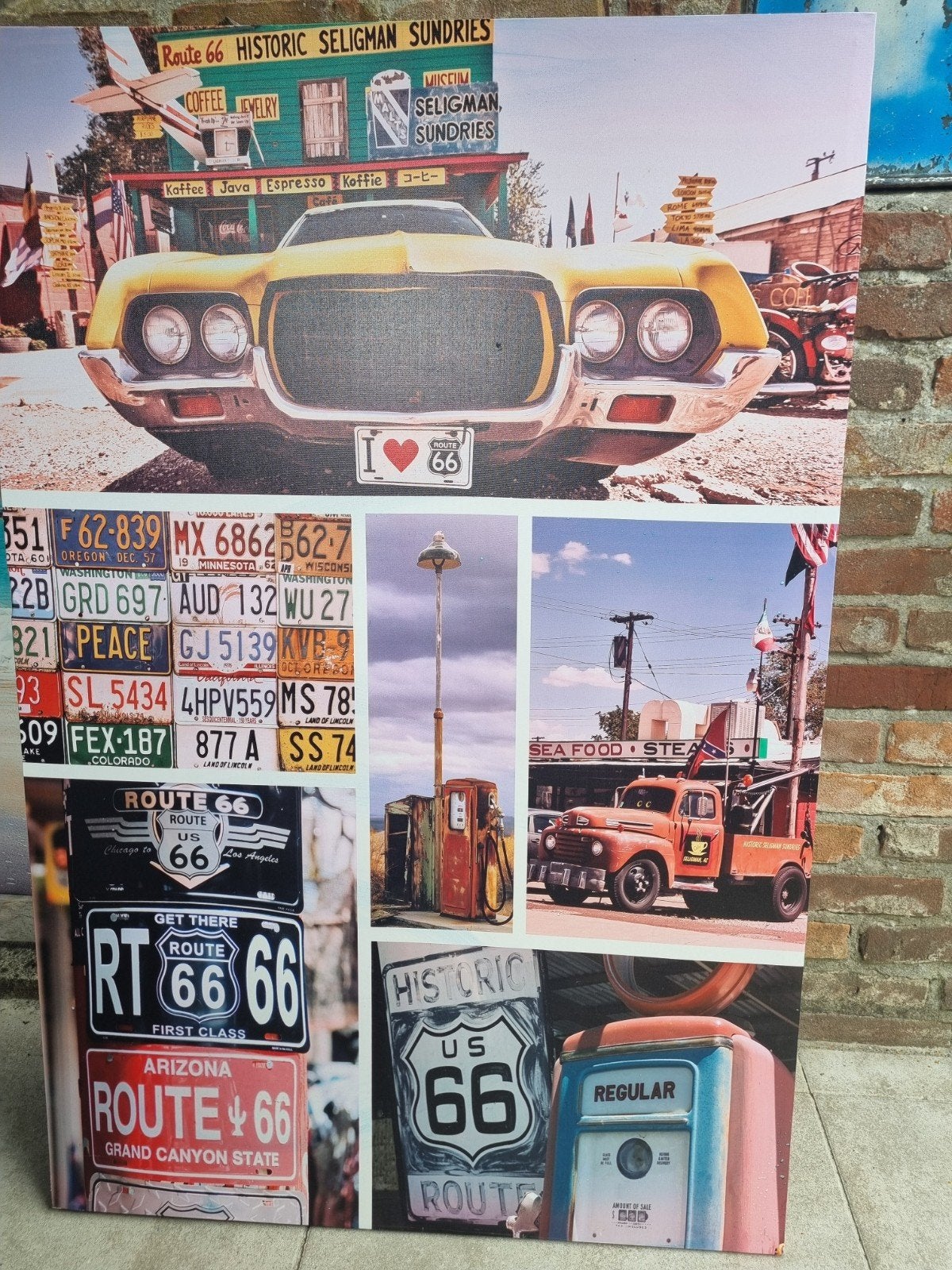 Route 66 Canvas Schilderij - Vintage Auto & Borden, Ophalen, Overige typen, Zo goed als nieuw, 75 tot 100 cm