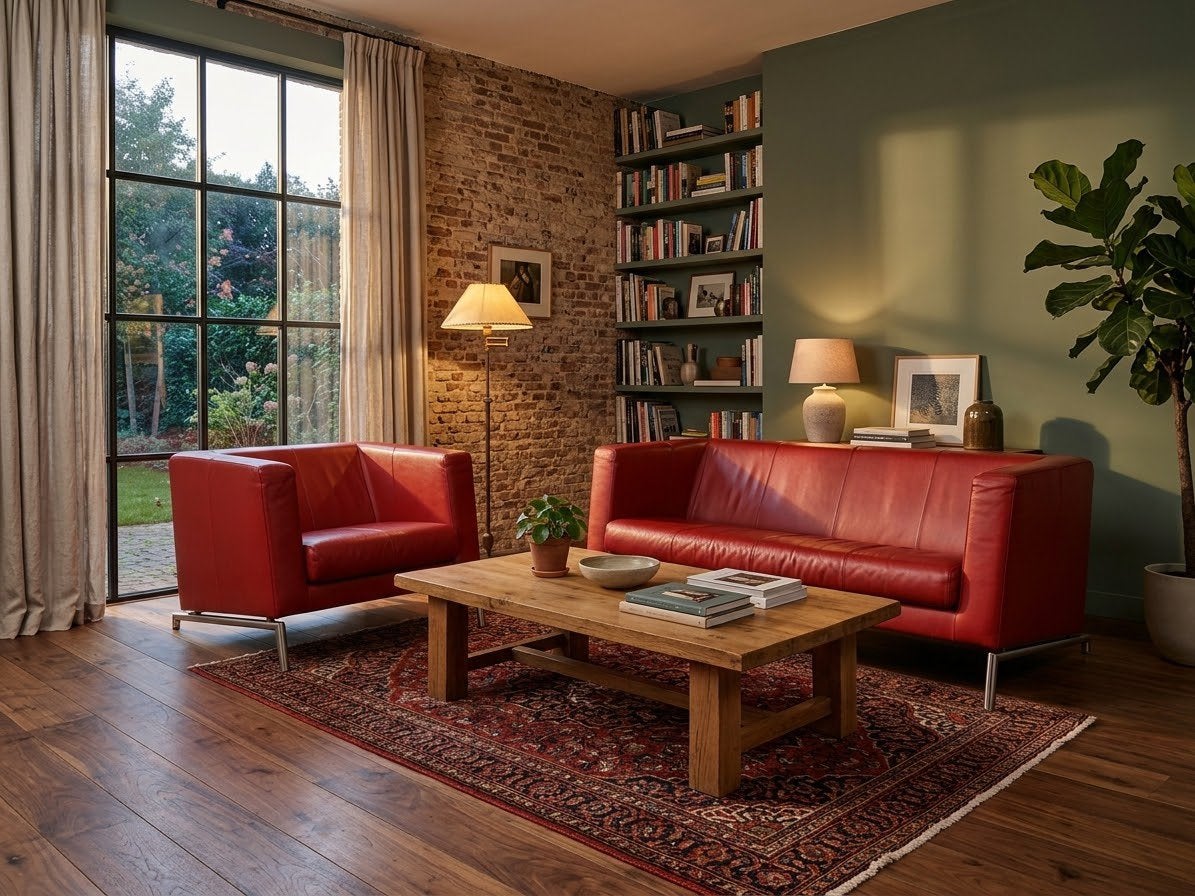 Montis kubik bank + fauteuil - zeer nette staat - rood leer, Ophalen of Verzenden, Zo goed als nieuw, 75 tot 100 cm, Leer