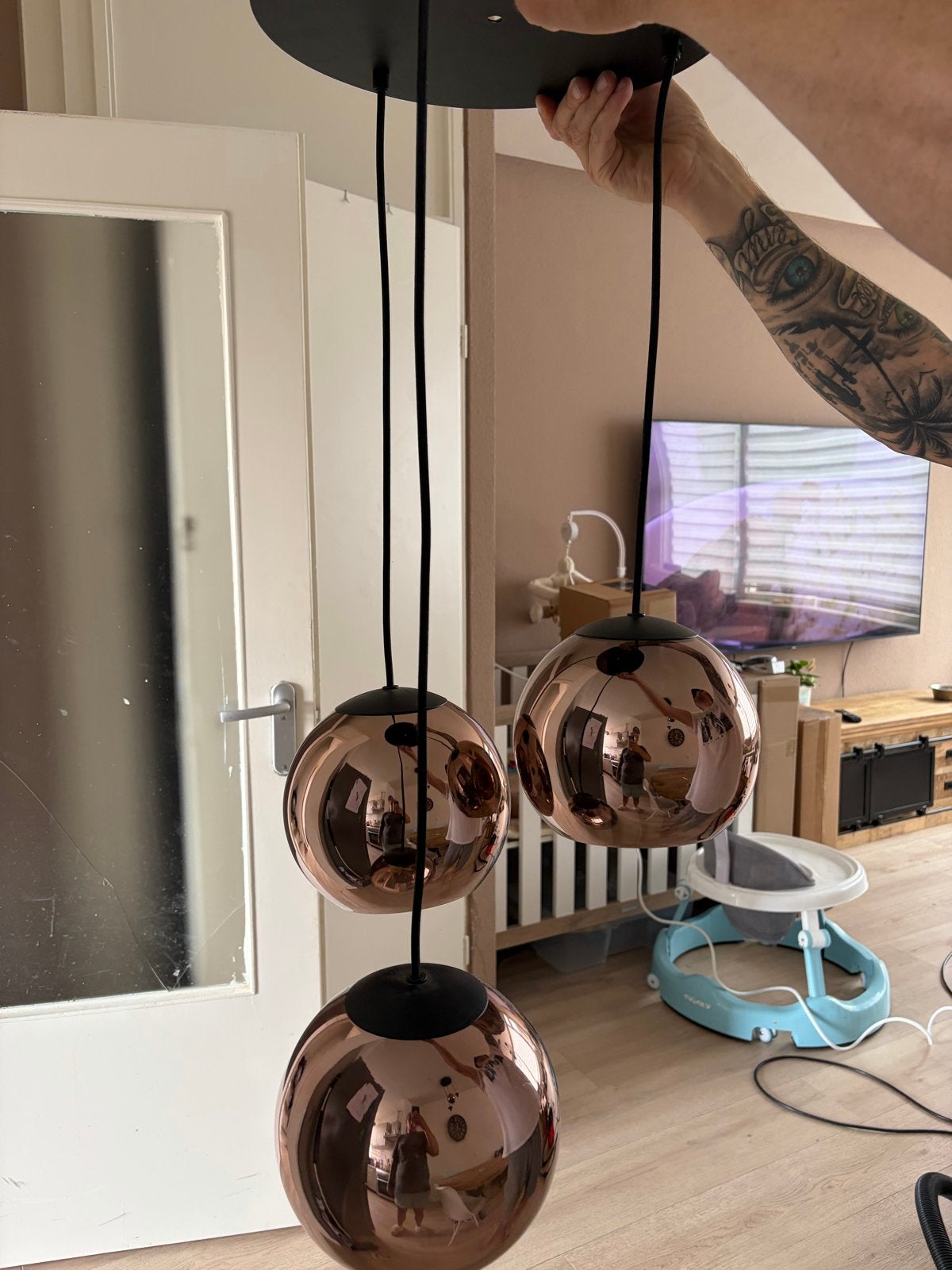 Hanglamp met 3 koperkleurige bollen, Ophalen, Gebruikt, Glas, E27 (groot)