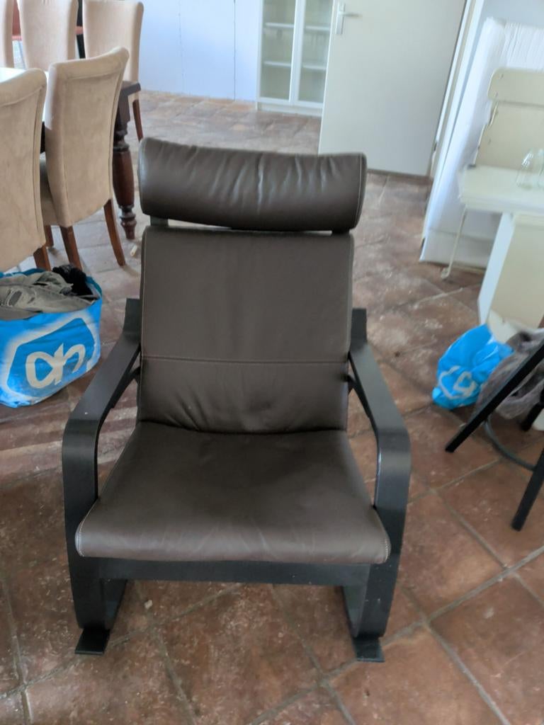 2x Houten schommelstoel met leren bekleding - ZGAN, Bruin, Ophalen of Verzenden, Zo goed als nieuw, Eén