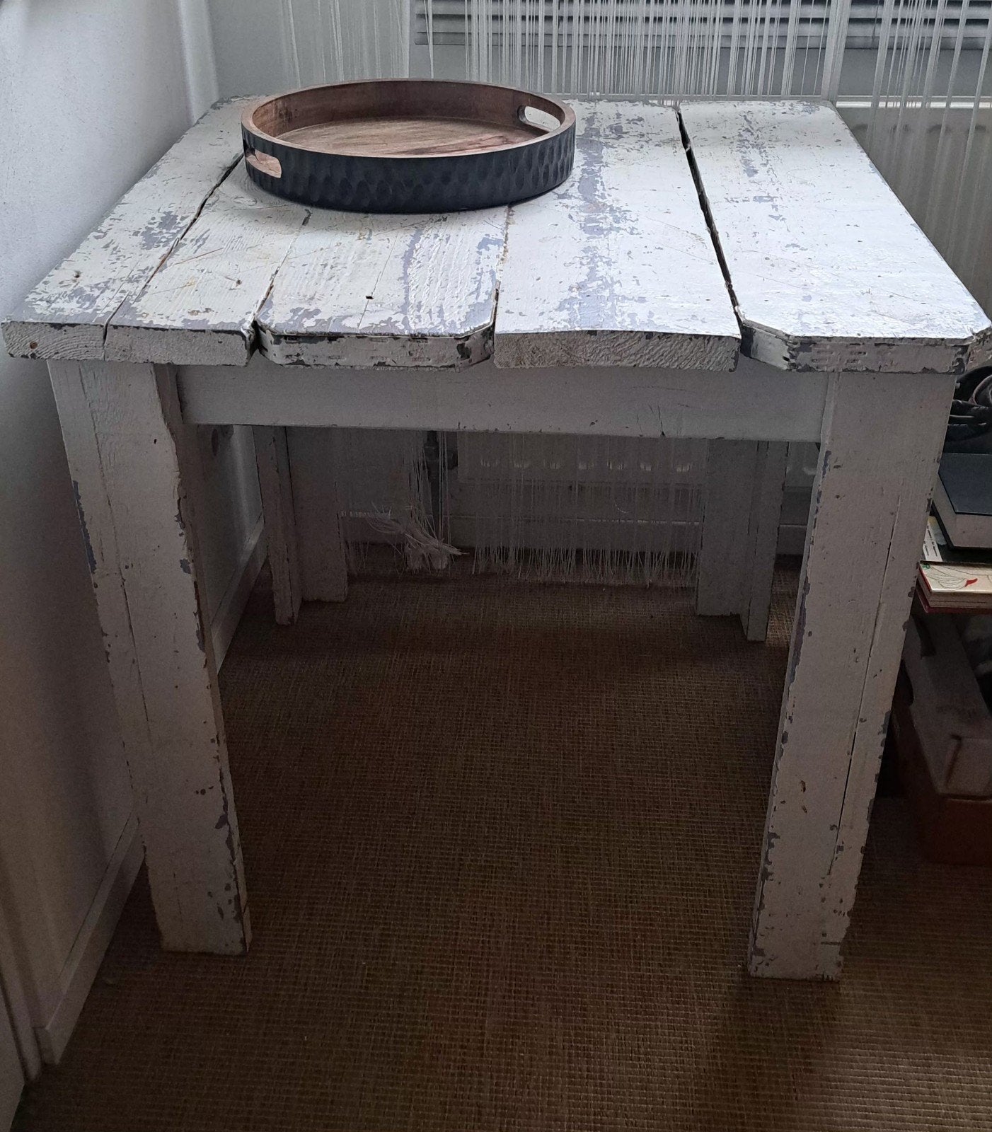 Oude industriële tafel vierkant hout stevig, Ophalen