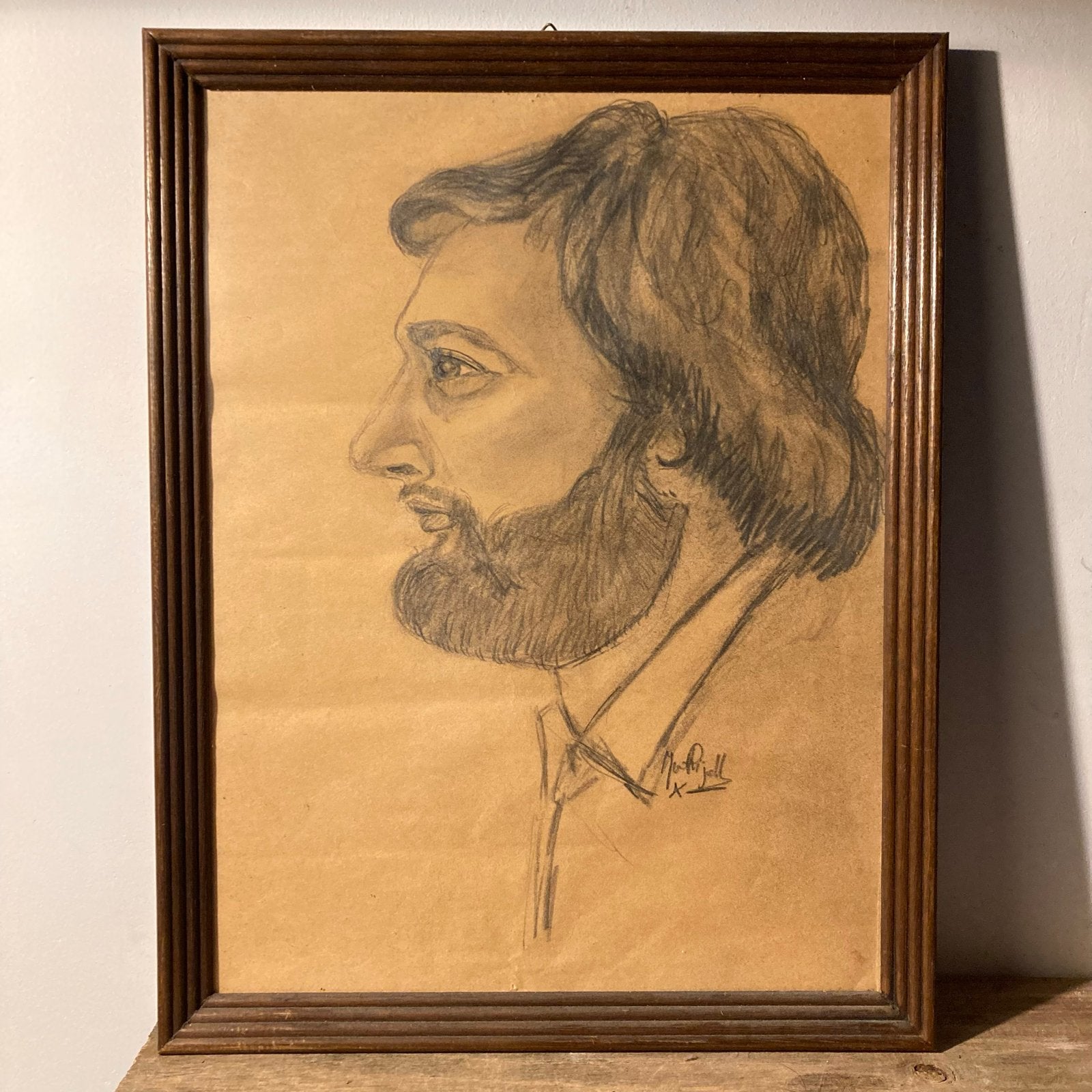 Portrettekening man met baard en halflang haar, houtskool, Ophalen of Verzenden