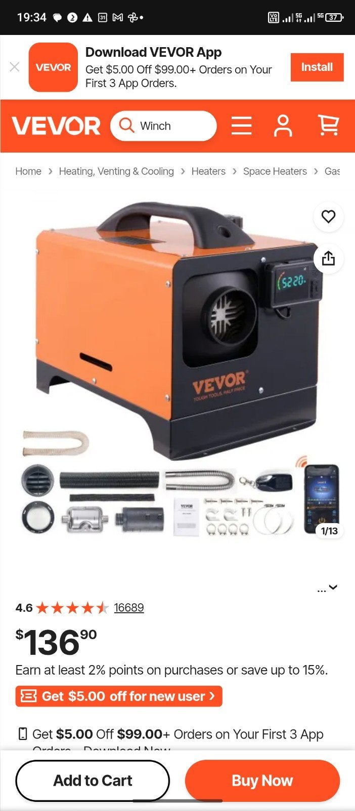 Nieuwe Vevor diesel standkachel 5KW 12V voor camper/boot, Ophalen of Verzenden, Nieuw