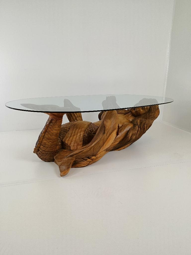 vintage zeemeermin salontafel met glazen blad, Ophalen of Verzenden