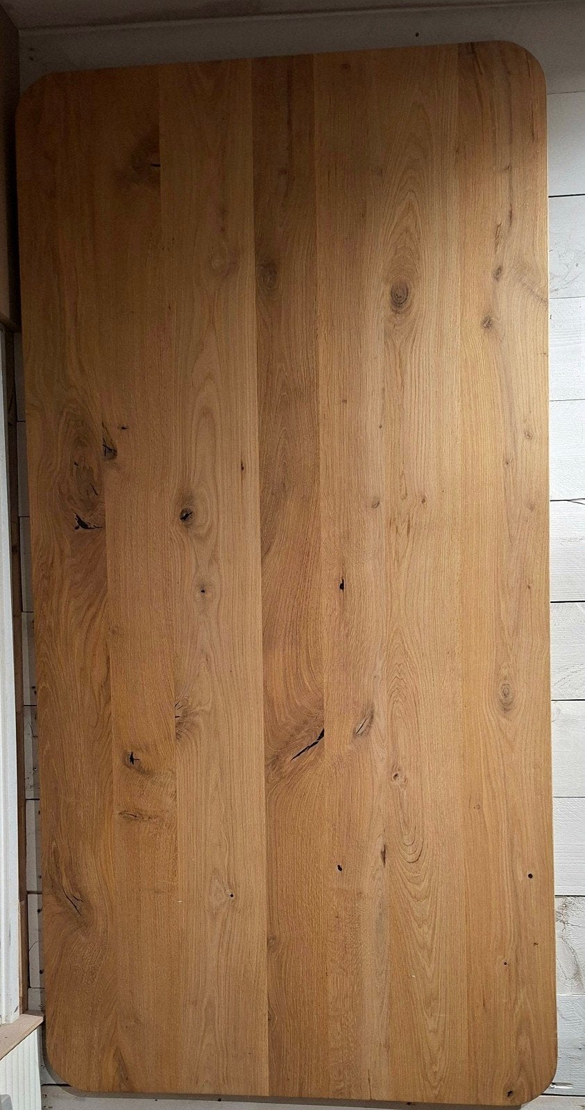 40mm Eiken Tafelblad met Verjongde Rand en Afgeronde Hoeken, Ophalen, Zo goed als nieuw, Rechthoekig, Eikenhout