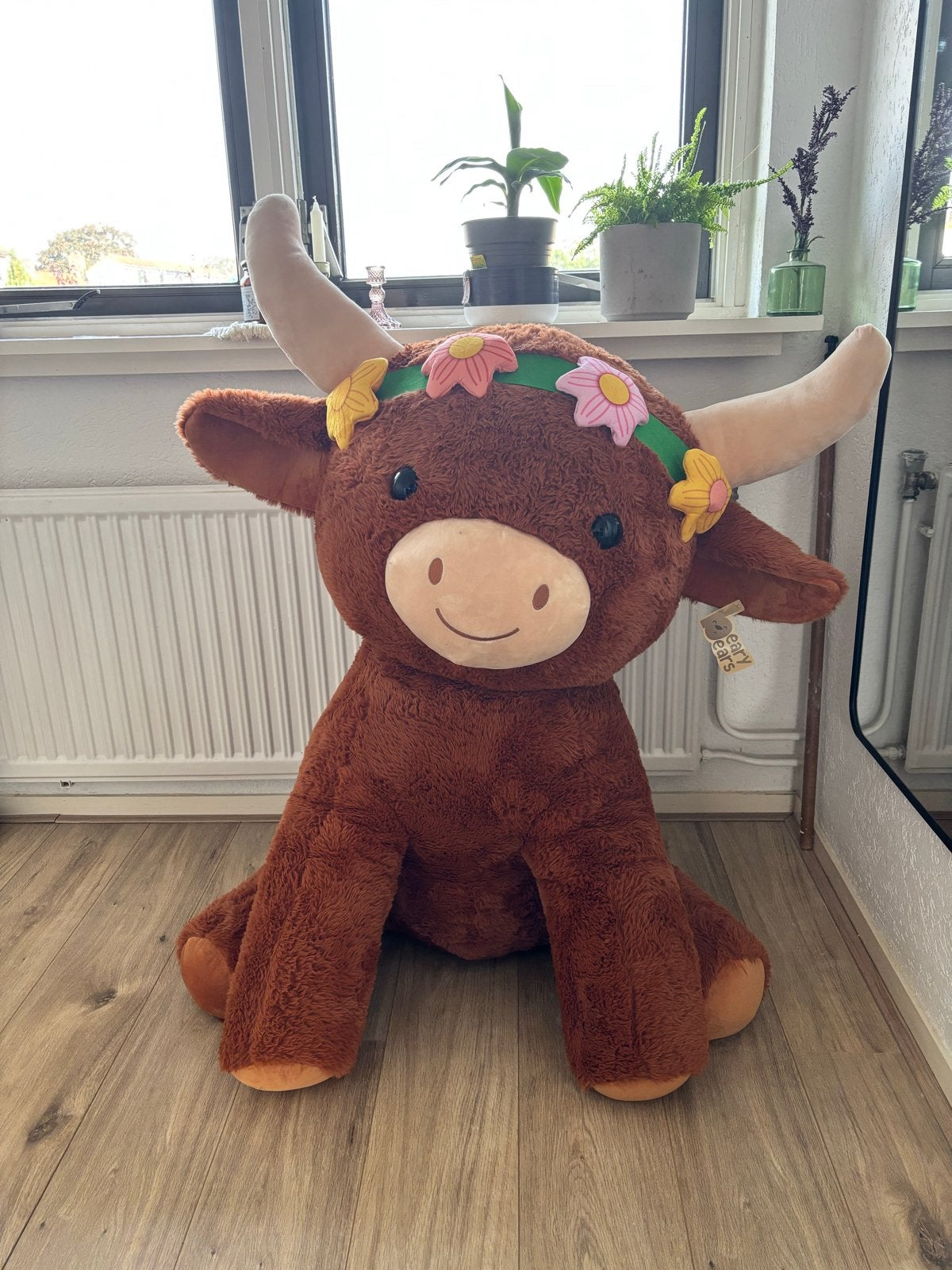 Grote knuffel Schotse Hooglander met bloemenkrans, Ophalen, Overige merken, Groot (groter dan 80 cm), Met label