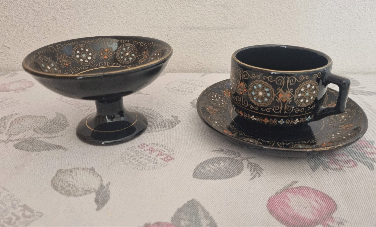Antiek  Zwart Kopje met Schotel en Schaaltje ca. 1900, Ophalen of Verzenden