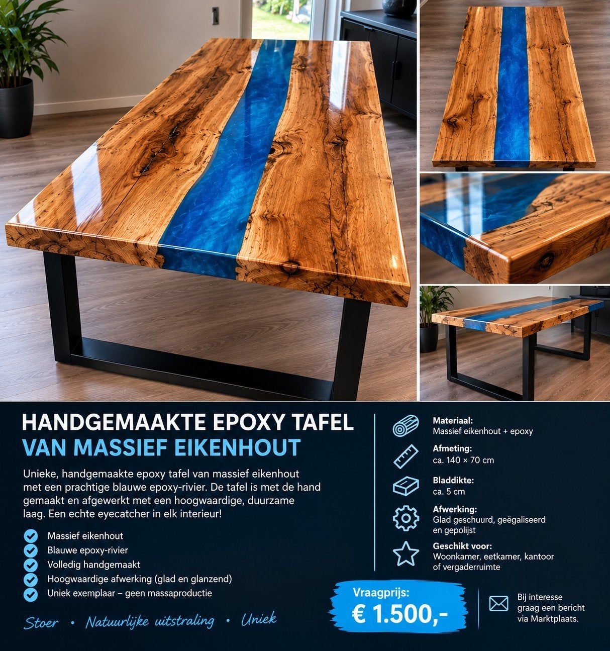 Unieke handgemaakt e epoxy tafel van massief eikenhout, 100 tot 150 cm, Stoer, Natuurlijke uitstraling, Uniek, Nieuw, Rechthoekig