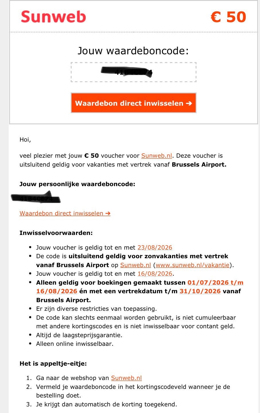 Sunweb 50 euro korting, Eén persoon, Kortingsbon