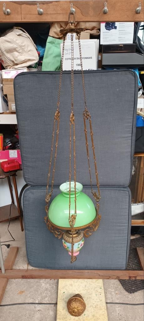 Antieke Hangende Olielamp pastel kleuren art Nouveau, Antiek en Kunst, Ophalen of Verzenden