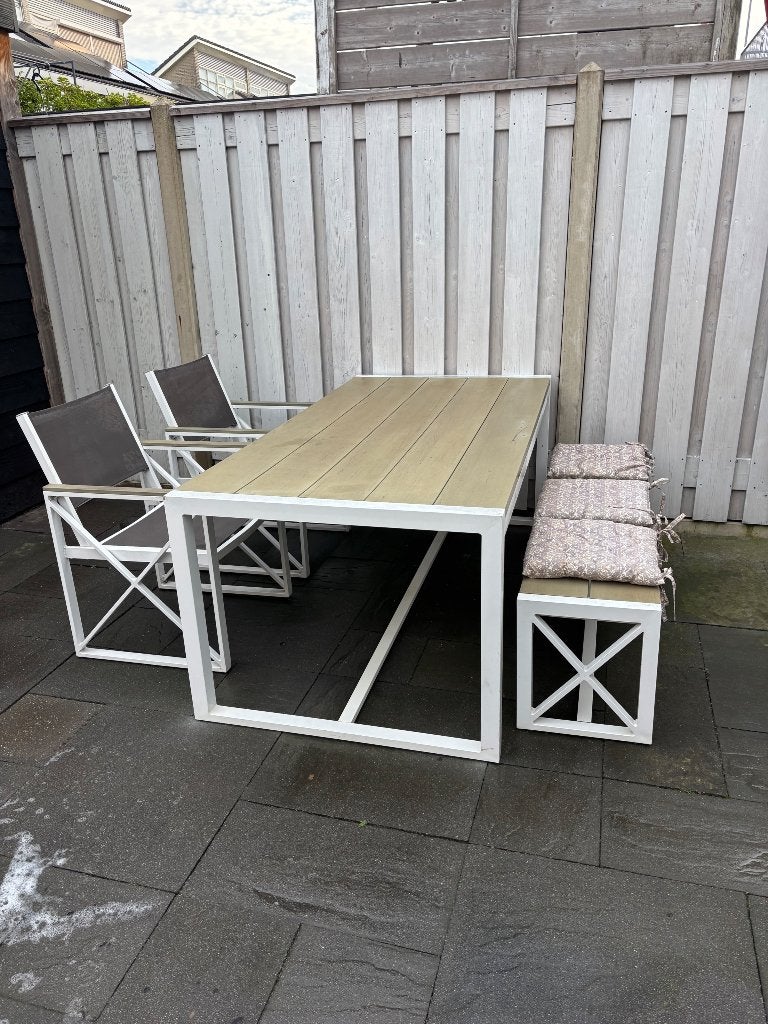 Tuinset wit beige tuintafel stoelen tuinbank, Ophalen, 5 zitplaatsen, Kunststof, Gebruikt