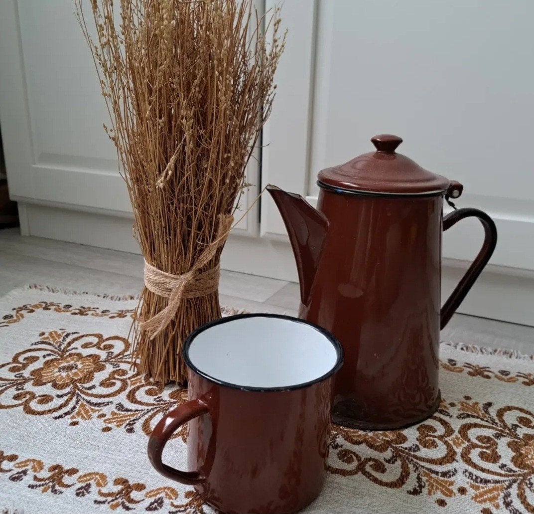 Brocante bruin emaille koffie kan hoogte kan 20 cm, Antiek en Kunst, Ophalen of Verzenden