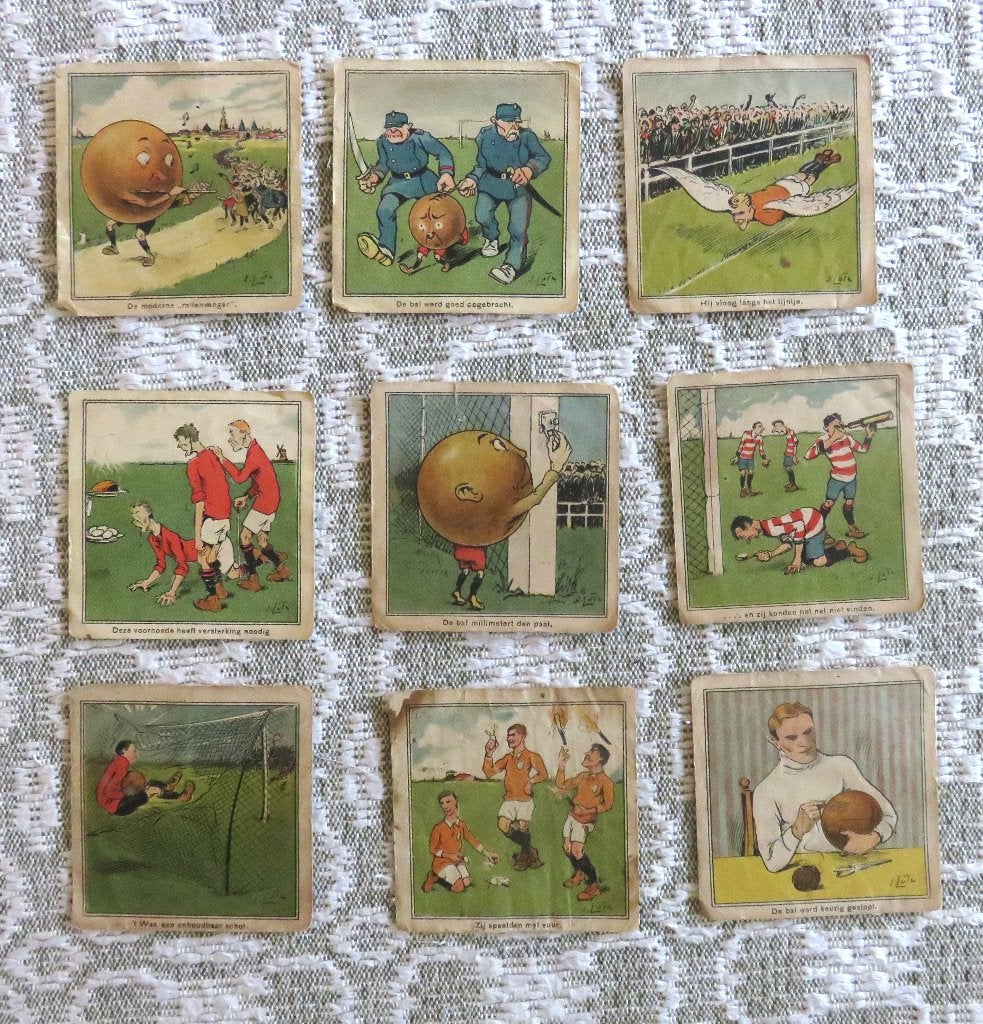 17 stuks voetbalplaatjes 1936: Voetbal karikaturen, Verzamelen, Ophalen of Verzenden, Gebruikt, Overige typen