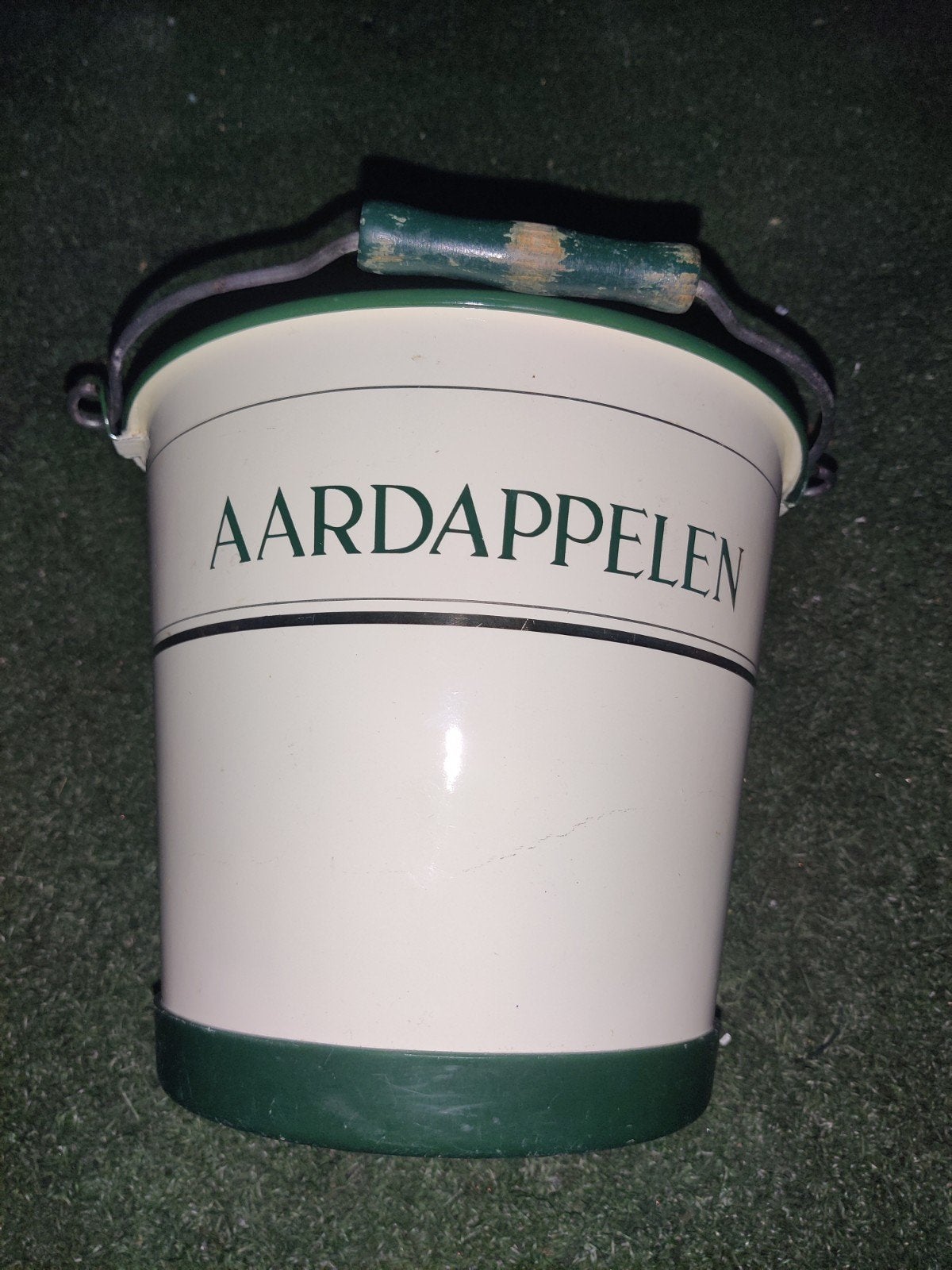 Vintage Aardappelen Emmer - Crème met Groen van emaille, Ophalen of Verzenden