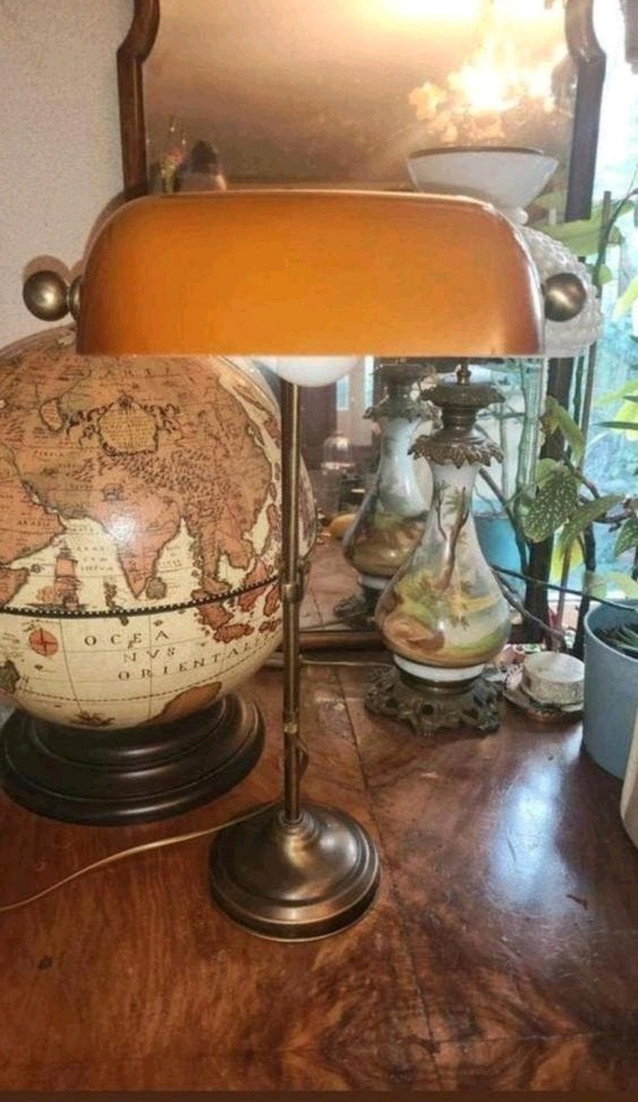 Antiek Verstelbaar Bankerslamp Amberglas, Ophalen, Verstelbaar