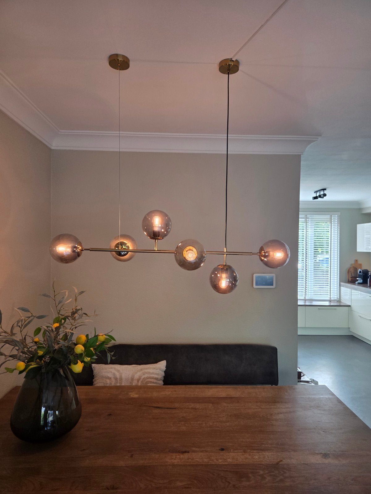 Design  hanglamp met 6 glazen bollen - Goud/Smoke, Ophalen, Modern, Industrieel, Design, E27 (groot), Zo goed als nieuw