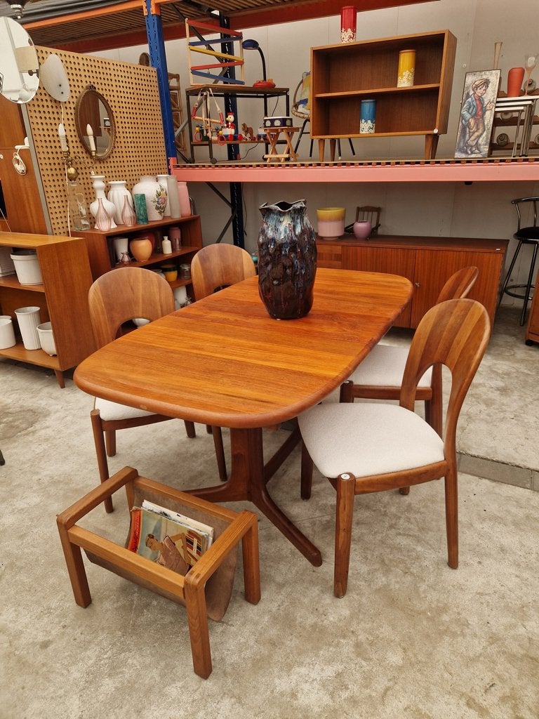 Vintage Deense ovale uitschuiftafel tot 173cm, Ophalen, ., Teakhout, 50 tot 100 cm
