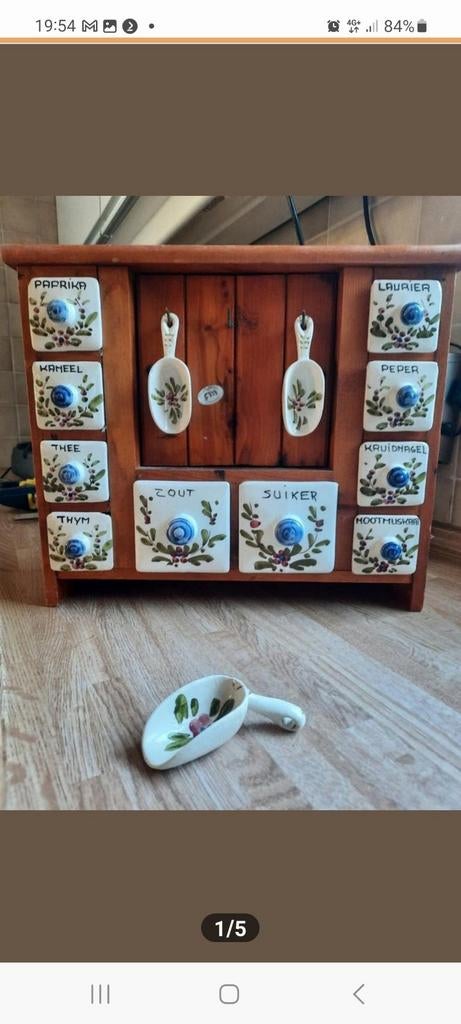 Mooi oud kruidenkastje met keramische bakjes en schepjes., Ophalen of Verzenden